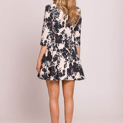Printed Flared Mini Dress with Deep V-Neck, Elbow Sleeves & Waist Buttons - MimiStylez