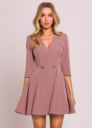 Flared Mini Dress with Deep V-Neck, Elbow Sleeves & Waist Buttons - MimiStylez