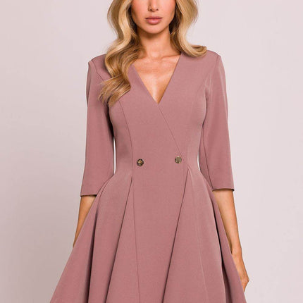Flared Mini Dress with Deep V-Neck, Elbow Sleeves & Waist Buttons - MimiStylez