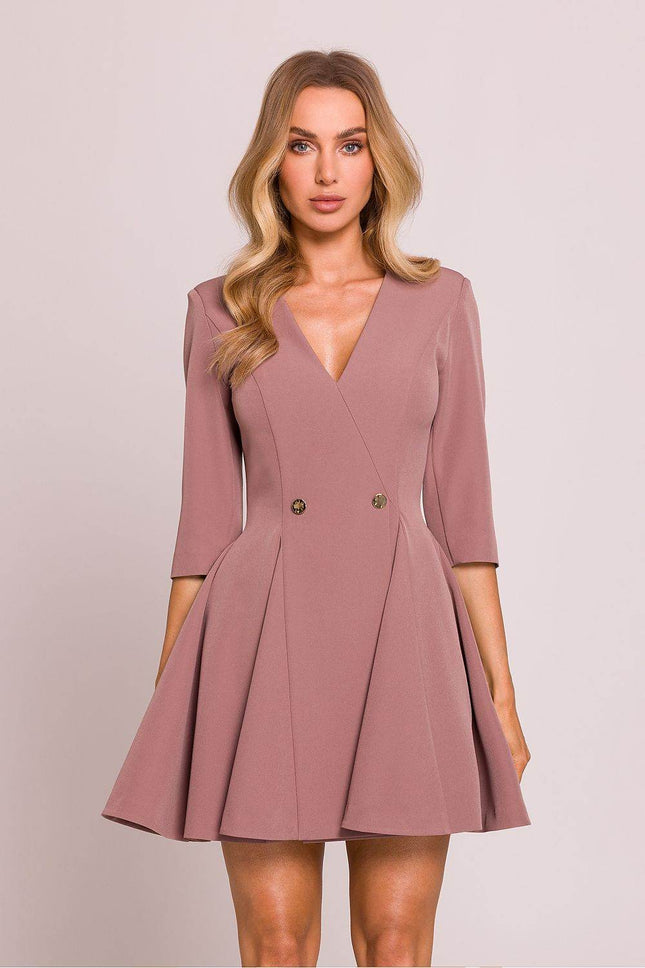 Flared Mini Dress with Deep V-Neck, Elbow Sleeves & Waist Buttons - MimiStylez
