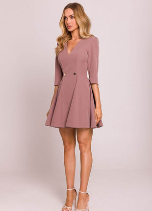 Flared Mini Dress with Deep V-Neck, Elbow Sleeves & Waist Buttons - MimiStylez