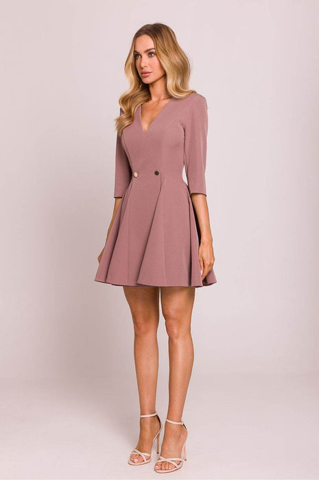 Flared Mini Dress with Deep V-Neck, Elbow Sleeves & Waist Buttons - MimiStylez