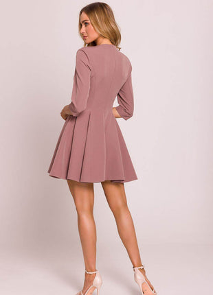Flared Mini Dress with Deep V-Neck, Elbow Sleeves & Waist Buttons - MimiStylez