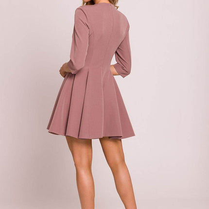 Flared Mini Dress with Deep V-Neck, Elbow Sleeves & Waist Buttons - MimiStylez