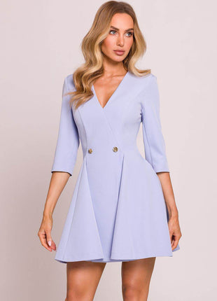 Flared Mini Dress with Deep V-Neck, Elbow Sleeves & Waist Buttons - MimiStylez