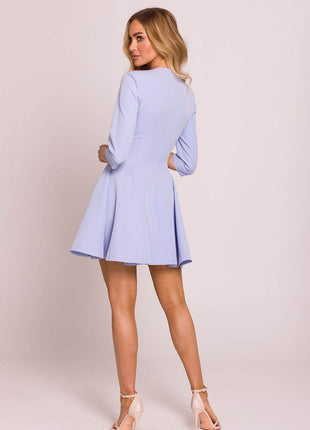 Flared Mini Dress with Deep V-Neck, Elbow Sleeves & Waist Buttons - MimiStylez