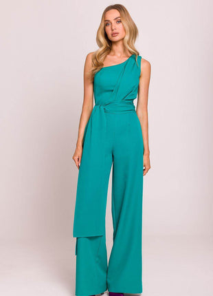Asymmetrical One-Shoulder Jumpsuit with Side Scarves - MimiStylez