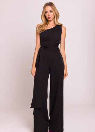 Asymmetrical One-Shoulder Jumpsuit with Side Scarves - MimiStylez