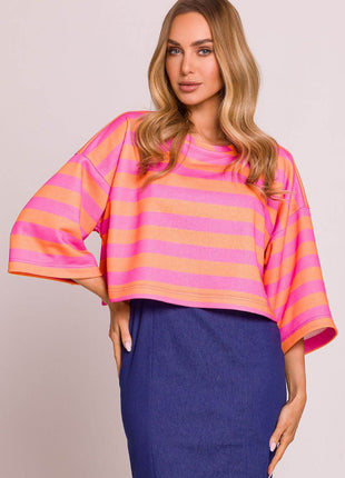 Striped Oversize 3/4 Sleeve Sweater with Boat Neck - MimiStylez