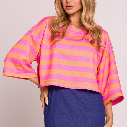 Striped Oversize 3/4 Sleeve Sweater with Boat Neck - MimiStylez