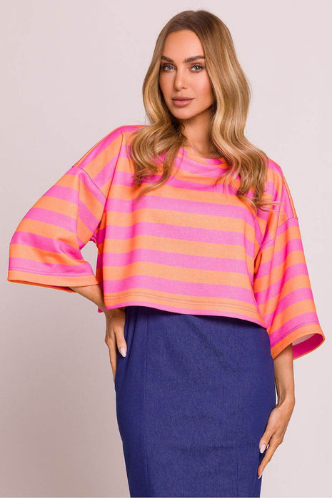 Striped Oversize 3/4 Sleeve Sweater with Boat Neck - MimiStylez