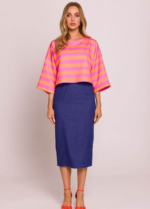 Striped Oversize 3/4 Sleeve Sweater with Boat Neck - MimiStylez