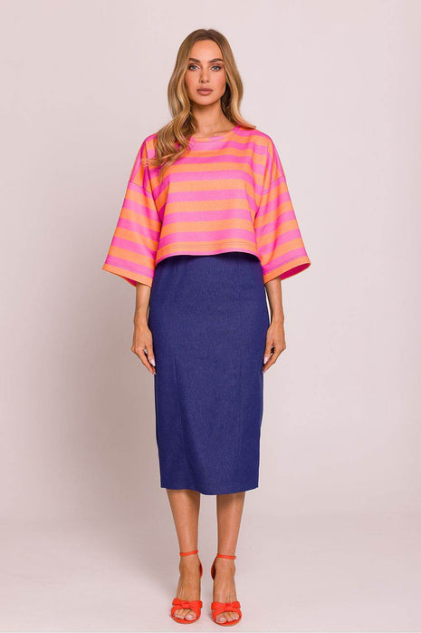 Striped Oversize 3/4 Sleeve Sweater with Boat Neck - MimiStylez