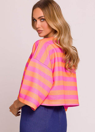 Striped Oversize 3/4 Sleeve Sweater with Boat Neck - MimiStylez