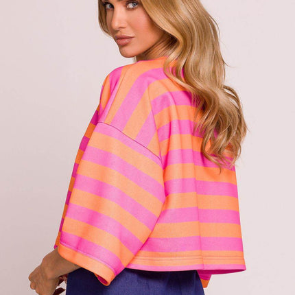 Striped Oversize 3/4 Sleeve Sweater with Boat Neck - MimiStylez