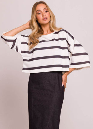 Striped Oversize 3/4 Sleeve Sweater with Boat Neck - MimiStylez