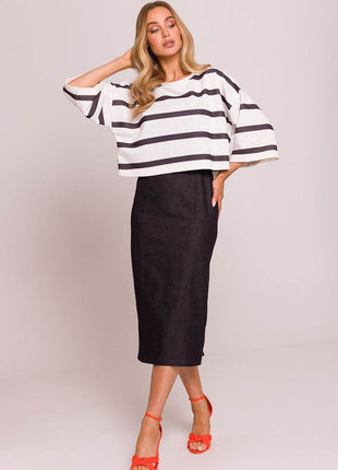 Striped Oversize 3/4 Sleeve Sweater with Boat Neck - MimiStylez