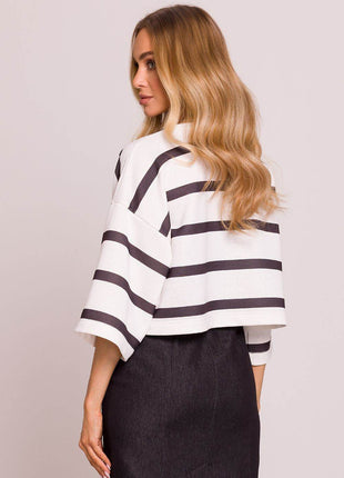 Striped Oversize 3/4 Sleeve Sweater with Boat Neck - MimiStylez