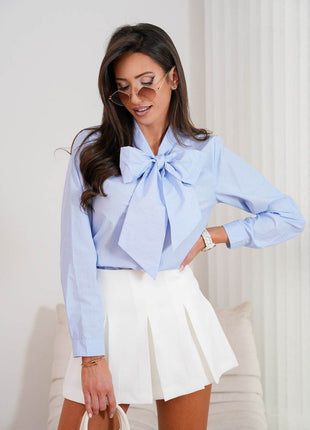 Blue Long-Sleeve Shirt with Neck Tie & Button Front – Elegant & Versatile - MimiStylez