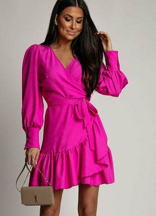 Short Wrap Dress with Sweetheart Neckline, Waist Tie & Ruffle Hem - MimiStylez