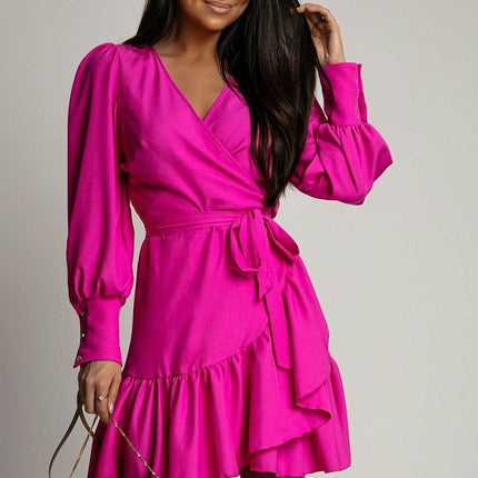 Short Wrap Dress with Sweetheart Neckline, Waist Tie & Ruffle Hem - MimiStylez
