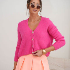 Short V-Neck Knit Sweater with Buttons – Soft, Stylish & Versatile - MimiStylez