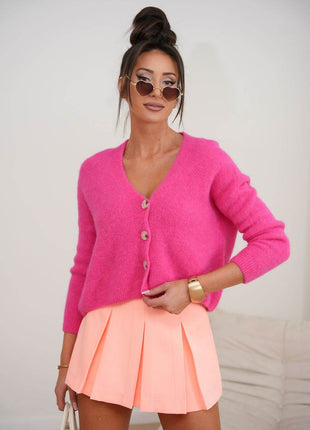 Short V-Neck Knit Sweater with Buttons – Soft, Stylish & Versatile - MimiStylez