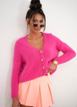 Short V-Neck Knit Sweater with Buttons – Soft, Stylish & Versatile - MimiStylez