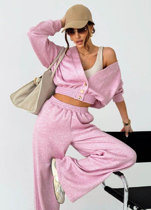 Women's Knit Set with V-Neck Sweater & Wide-Leg Pants – Stylish & Comfortable - MimiStylez