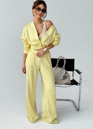 Women's Knit Set with V-Neck Sweater & Wide-Leg Pants – Stylish & Comfortable - MimiStylez