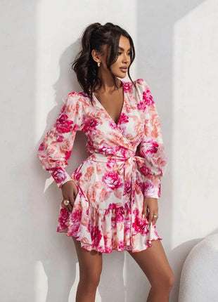 Short Wrap Dress with Sweetheart Neckline, Waist Tie & Ruffle Hem - MimiStylez