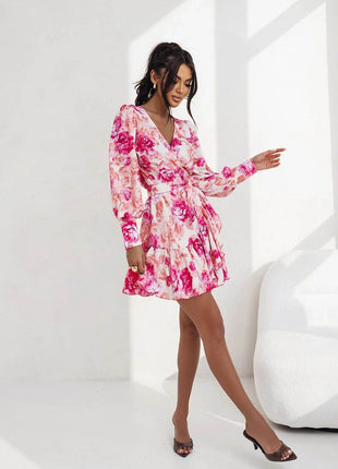 Short Wrap Dress with Sweetheart Neckline, Waist Tie & Ruffle Hem - MimiStylez