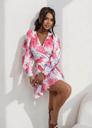 Short Wrap Dress with Sweetheart Neckline, Waist Tie & Ruffle Hem - MimiStylez