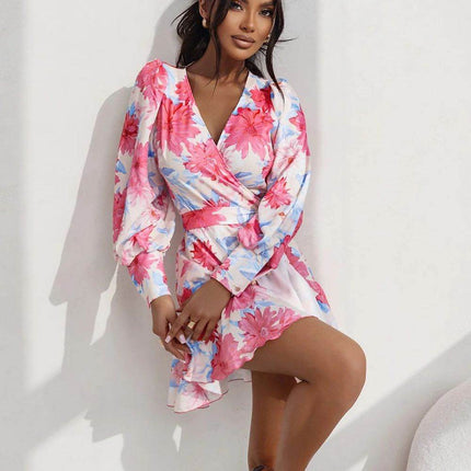 Short Wrap Dress with Sweetheart Neckline, Waist Tie & Ruffle Hem - MimiStylez