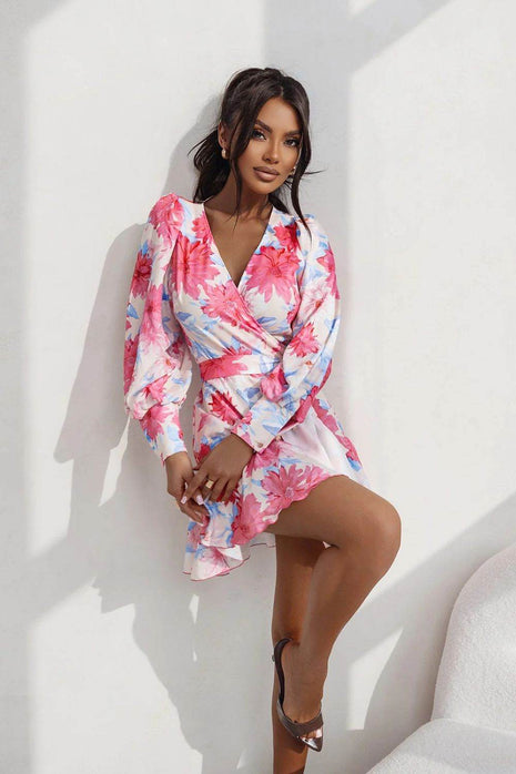 Short Wrap Dress with Sweetheart Neckline, Waist Tie & Ruffle Hem - MimiStylez