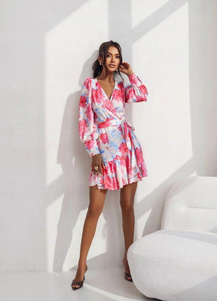 Short Wrap Dress with Sweetheart Neckline, Waist Tie & Ruffle Hem - MimiStylez