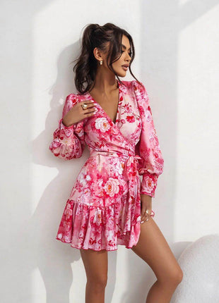 Short Wrap Dress with Sweetheart Neckline, Waist Tie & Ruffle Hem - MimiStylez