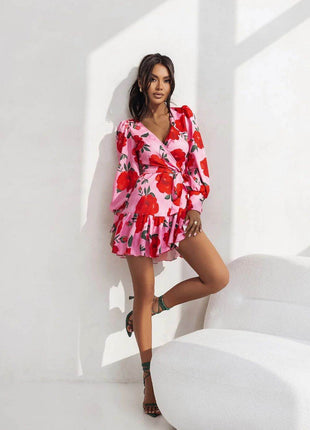 Short Wrap Dress with Sweetheart Neckline, Waist Tie & Ruffle Hem - MimiStylez