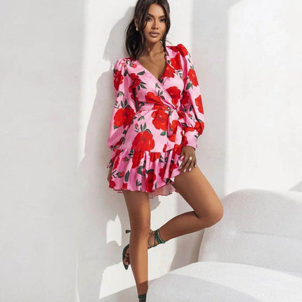 Short Wrap Dress with Sweetheart Neckline, Waist Tie & Ruffle Hem - MimiStylez