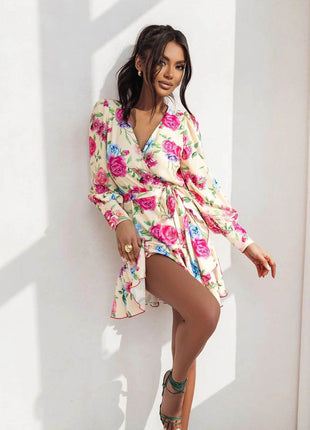 Short Wrap Dress with Sweetheart Neckline, Waist Tie & Ruffle Hem - MimiStylez