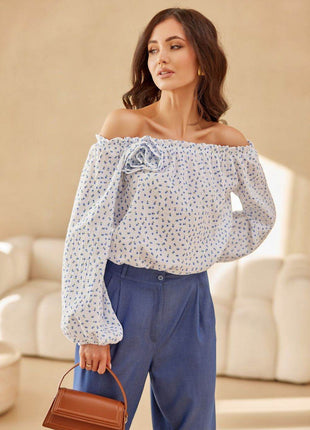 Spanish-Style Blouse with Puffy Sleeves & Rose Detail - MimiStylez