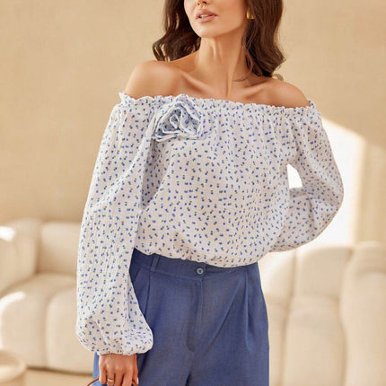 Spanish-Style Blouse with Puffy Sleeves & Rose Detail - MimiStylez