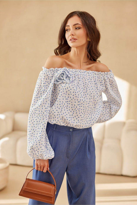 Spanish-Style Blouse with Puffy Sleeves & Rose Detail - MimiStylez