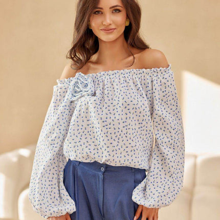 Spanish-Style Blouse with Puffy Sleeves & Rose Detail - MimiStylez