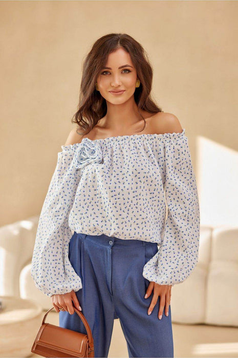 Spanish-Style Blouse with Puffy Sleeves & Rose Detail - MimiStylez