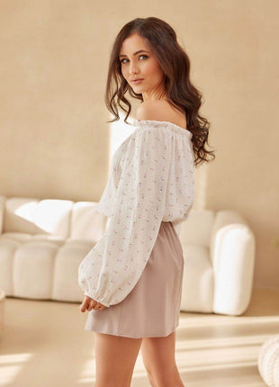 Spanish-Style Blouse with Puffy Sleeves & Rose Detail - MimiStylez