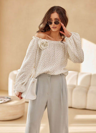 Spanish-Style Blouse with Puffy Sleeves & Rose Detail - MimiStylez
