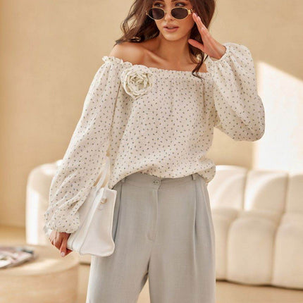 Spanish-Style Blouse with Puffy Sleeves & Rose Detail - MimiStylez