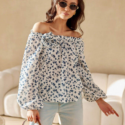 Spanish-Style Blouse with Puffy Sleeves & Rose Detail - MimiStylez