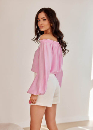 Spanish-Style Puff Sleeve Blouse with Adjustable Neckline and Rose Detail - MimiStylez